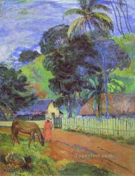  caballos Arte - Caballo en la carretera Paisaje tahitiano Postimpresionismo Primitivismo Paul Gauguin